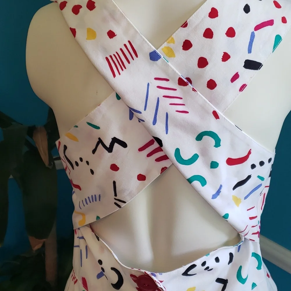 VINTAGE SUNDRESS Geary Roark Kamisoto. Size 10. White with multicolored pattern. - Picture 5 of 13
